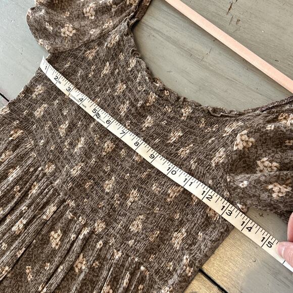 Neuflora Tan Cream Floral Dress Smocking Prairie Cottage Core Sz M Milk Maid - Picture 7 of 8